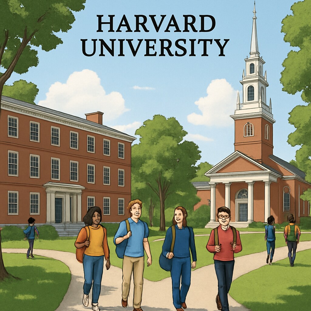 A photograph of Harvard University's campus with students walking in the quad Harvard University campus with students walking in the quad, representing the admissions process
