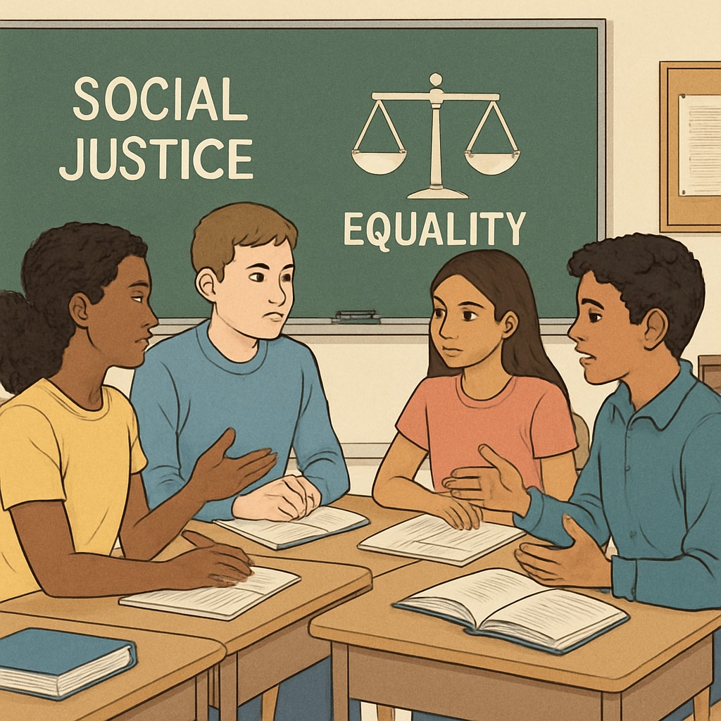 A classroom with students discussing social justice topics, symbolizing the integration of wokeness into education. Students in a classroom discussing social justice topics, reflecting wokeness in schools.