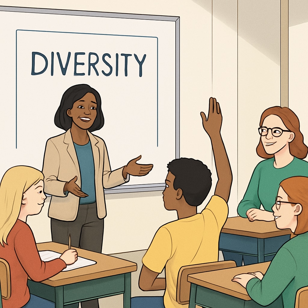 A teacher leading a discussion on diversity, surrounded by engaged students. A teacher facilitating a diversity discussion with attentive students.