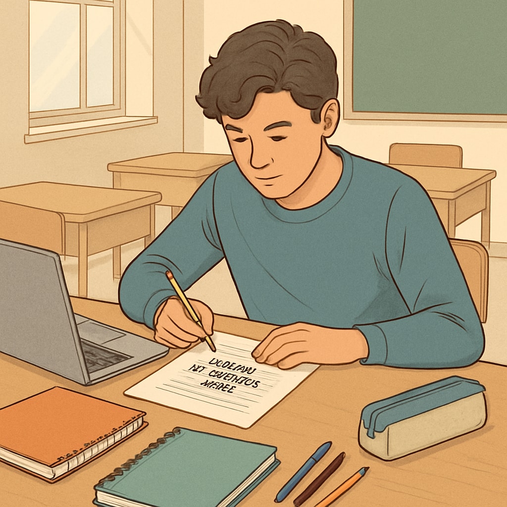 A student sitting at a desk, writing a college application essay, surrounded by notebooks and a laptop Student writing a college application essay, highlighting the importance of essays in Harvard admissions