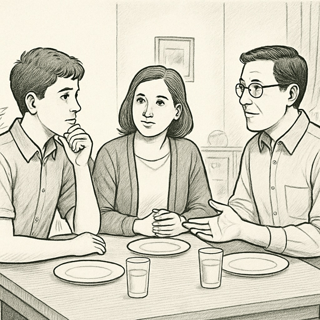 A young student discussing career options with their parents at the dinner table, illustrating the impact of family expectations. Family expectations in medical career decisions