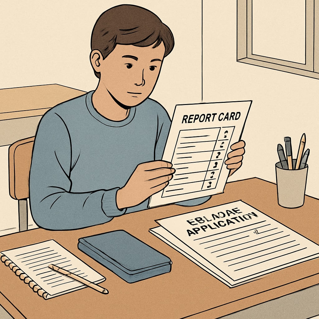 A high school student reviewing their report card while preparing their college application. A student reviewing academic records to address potential low scores in their Harvard application.
