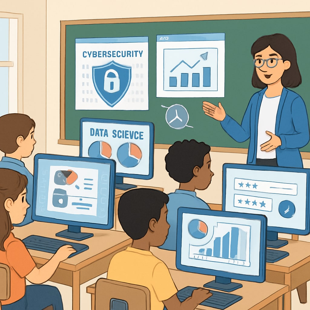 A classroom scene where students are using interactive software to learn about cybersecurity and data science concepts. Students learning about network security and data science careers in a classroom setting.