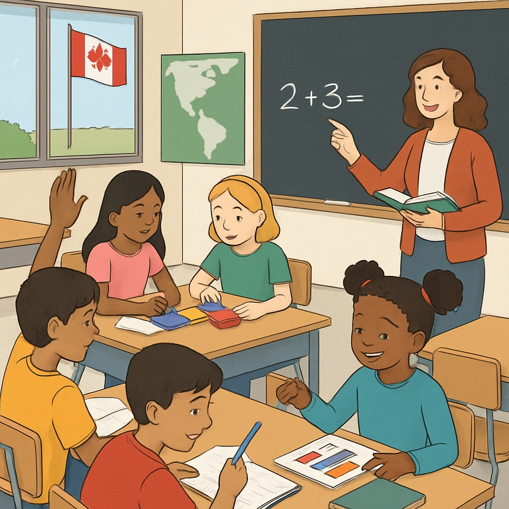 A classroom in Canada with diverse students and a teacher engaging in interactive learning Canadian classroom with students and teacher
