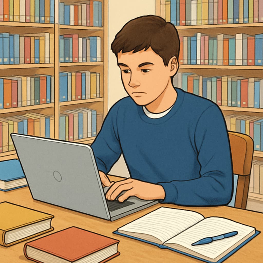 A high school student using a laptop in a library, surrounded by books and study materials. High school student engaged in education courses, extracurricular learning, and study resources.