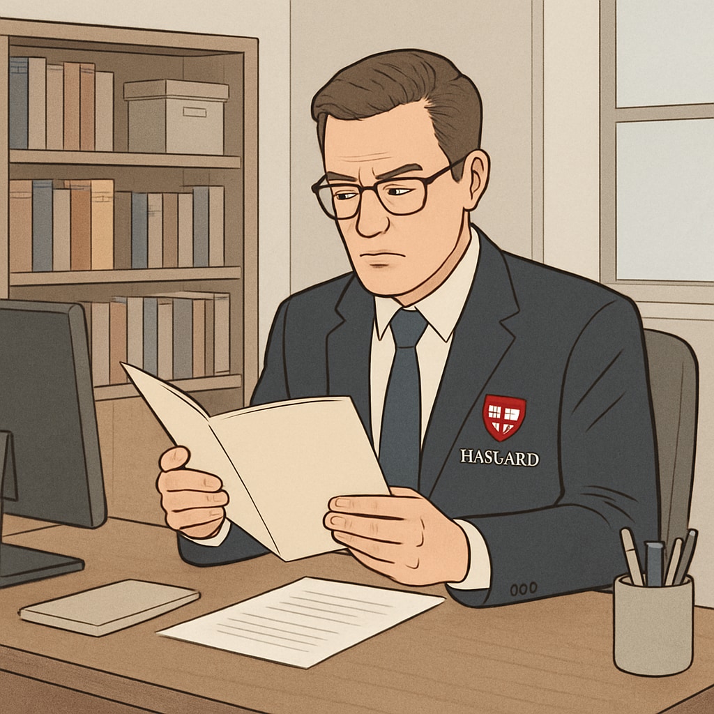 A Harvard admissions officer reviewing an applicant's file in a professional setting. An admissions officer evaluating a student’s application holistically, considering factors beyond grades.