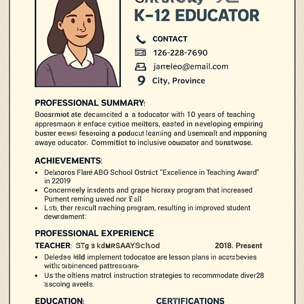A sample Canadian-style resume for a K12 educator, showcasing sections like contact info, professional summary, and achievements Sample Canadian-style resume for educators