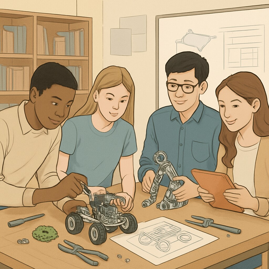 A group of high school students participating in a STEM workshop, collaborating on a robotics project. High school students utilizing extracurricular learning opportunities in a STEM workshop.