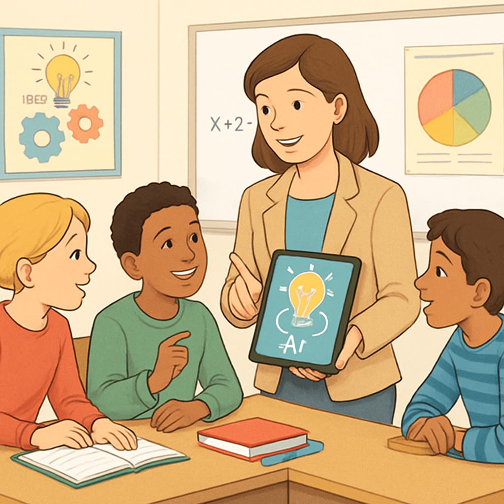 A teacher using an AI-powered tool in a classroom to assist students in creative problem-solving. AI-powered education tool assisting students in the classroom.