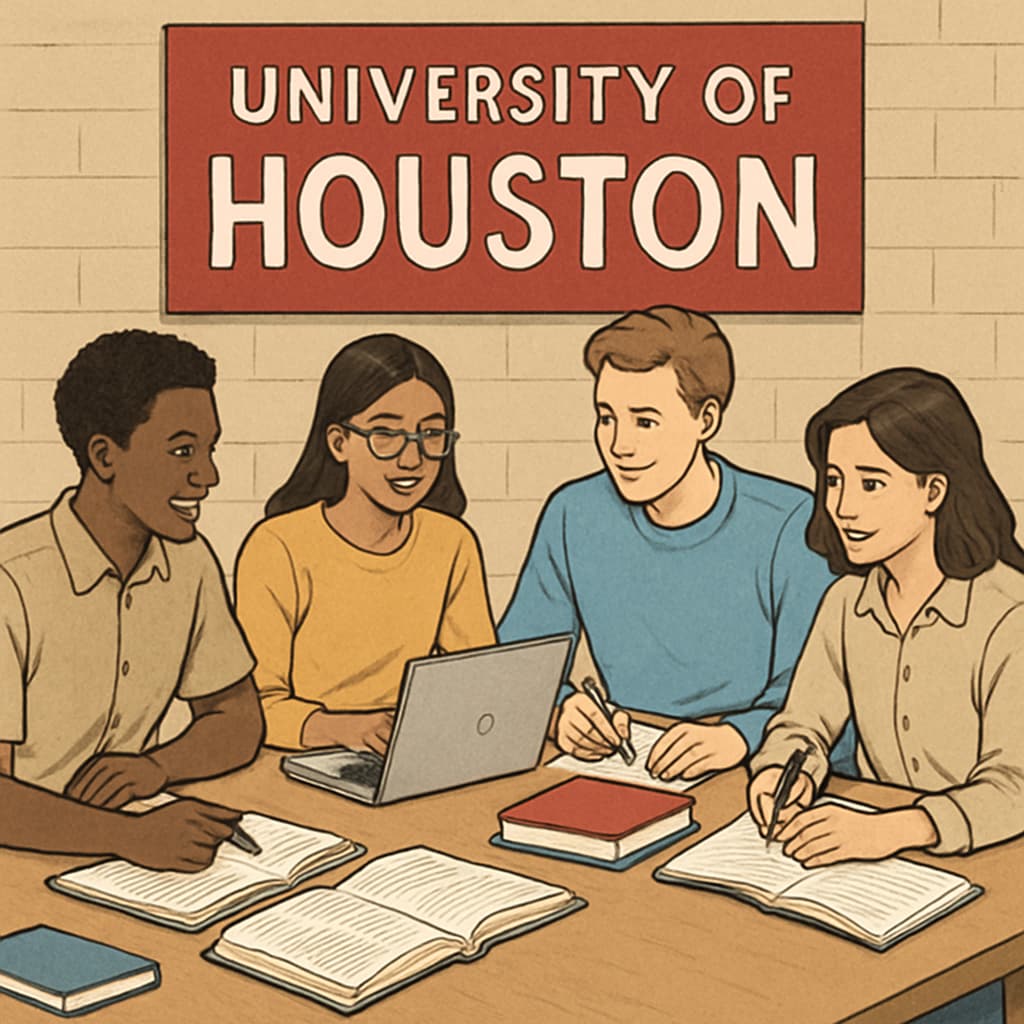 A diverse group of college students sitting around a table, engaging in a collaborative study session at the University of Houston. University of Houston students in a study group discussing academic topics.