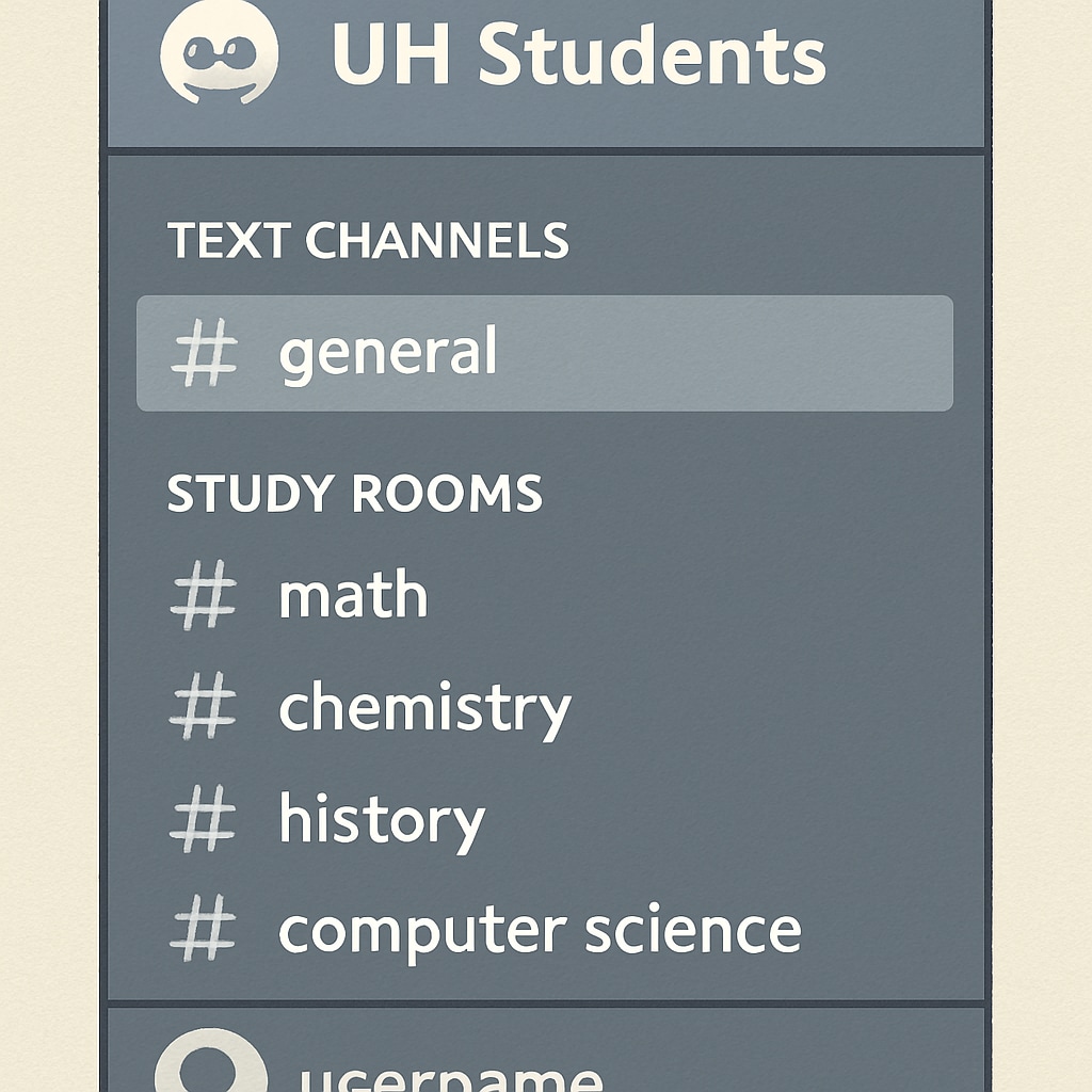 A screenshot of a well-organized Discord server with labeled channels for study topics, created by University of Houston students. Example of a University of Houston study group server on Discord.
