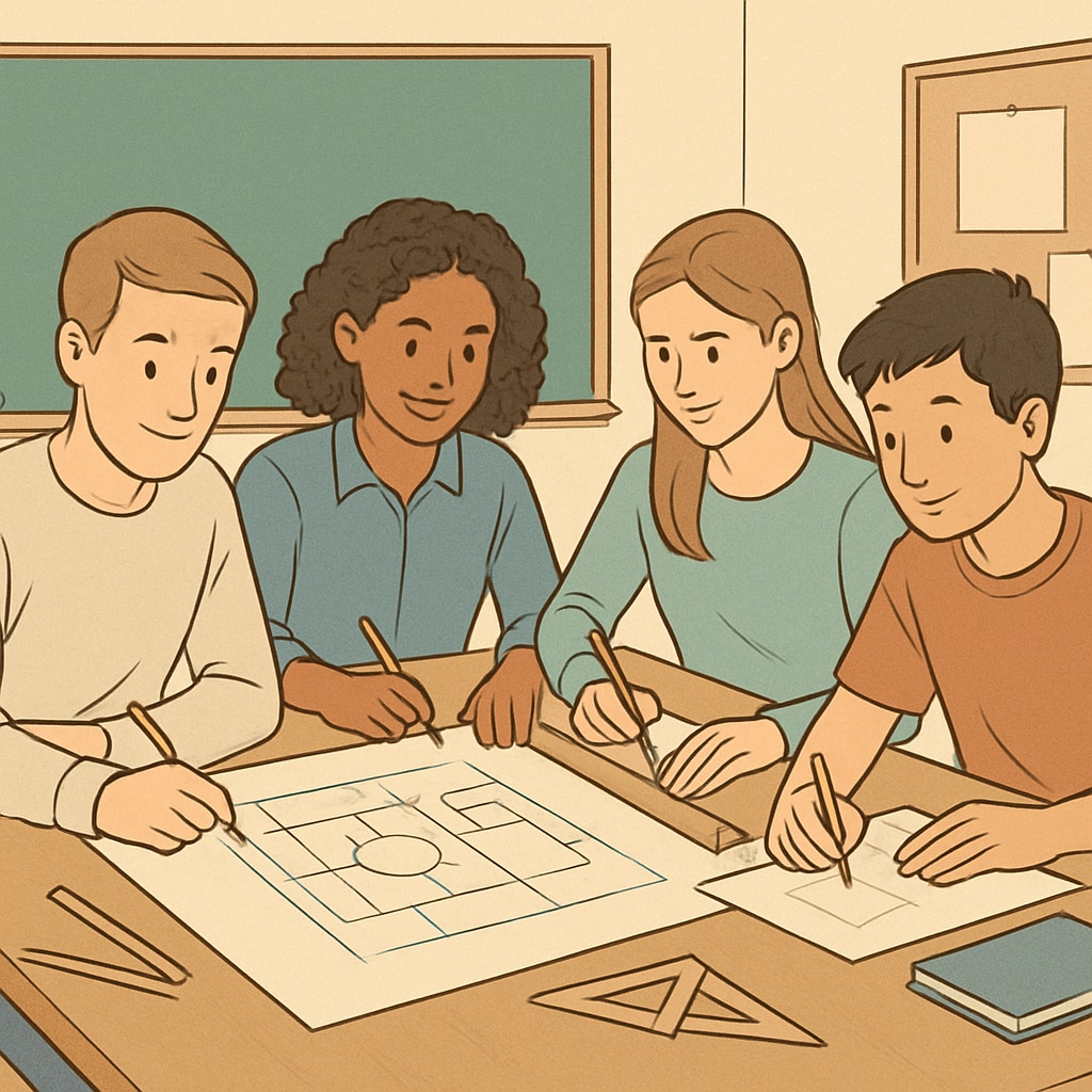 A group of students collaborating on a design project, showcasing creativity and teamwork. Students collaborating on a creative project in an AI-driven education system.