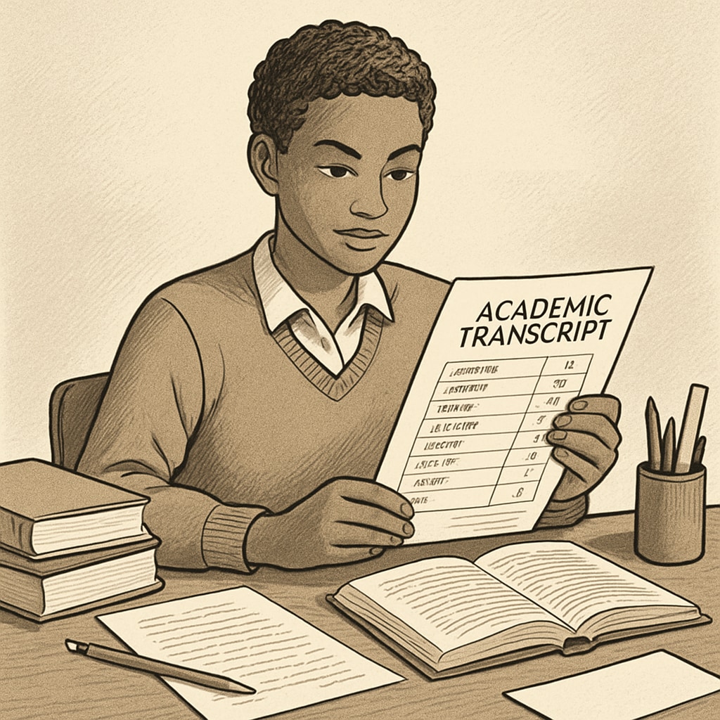 A confident student reviewing their academic transcript, symbolizing resilience and preparation for elite college applications. Student reviewing academic transcript in preparation for Harvard application.