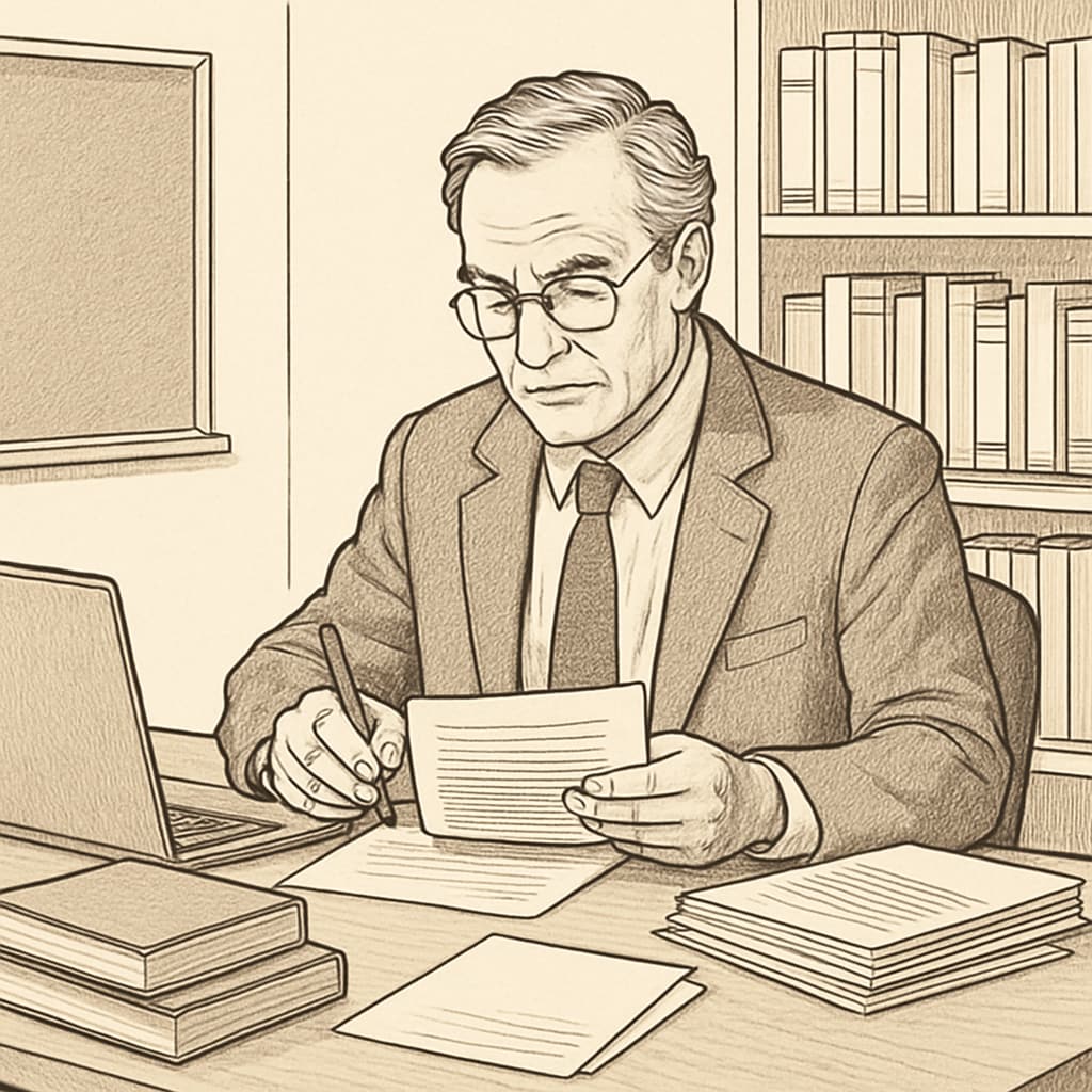 A professor sitting at a desk, critically reviewing a student’s assignment. Professor reviewing a student's assignment for plagiarism concerns.