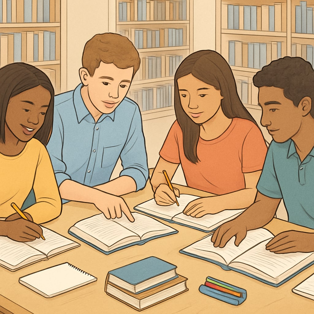 A group of diverse students engaged in a study session at a library table, exemplifying teamwork and collaboration. Students in a study group at a library, representing learning communities at the University of Houston.