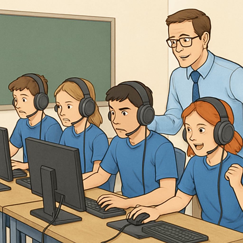 A team of students playing a competitive esports match, with their teacher guiding the session. Students participating in an educational esports session guided by a teacher.