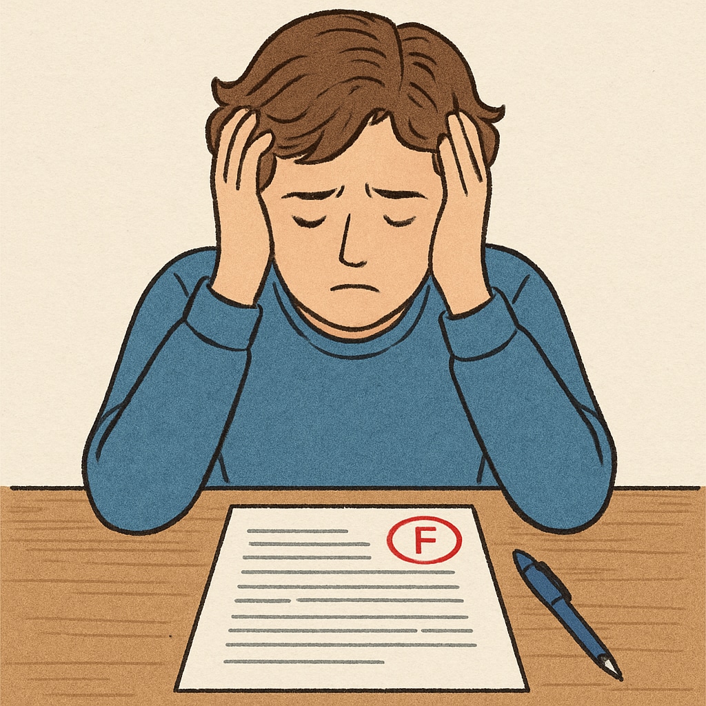 A distressed student holding their head in frustration, sitting at a desk with a marked paper. A student upset over a plagiarism accusation.