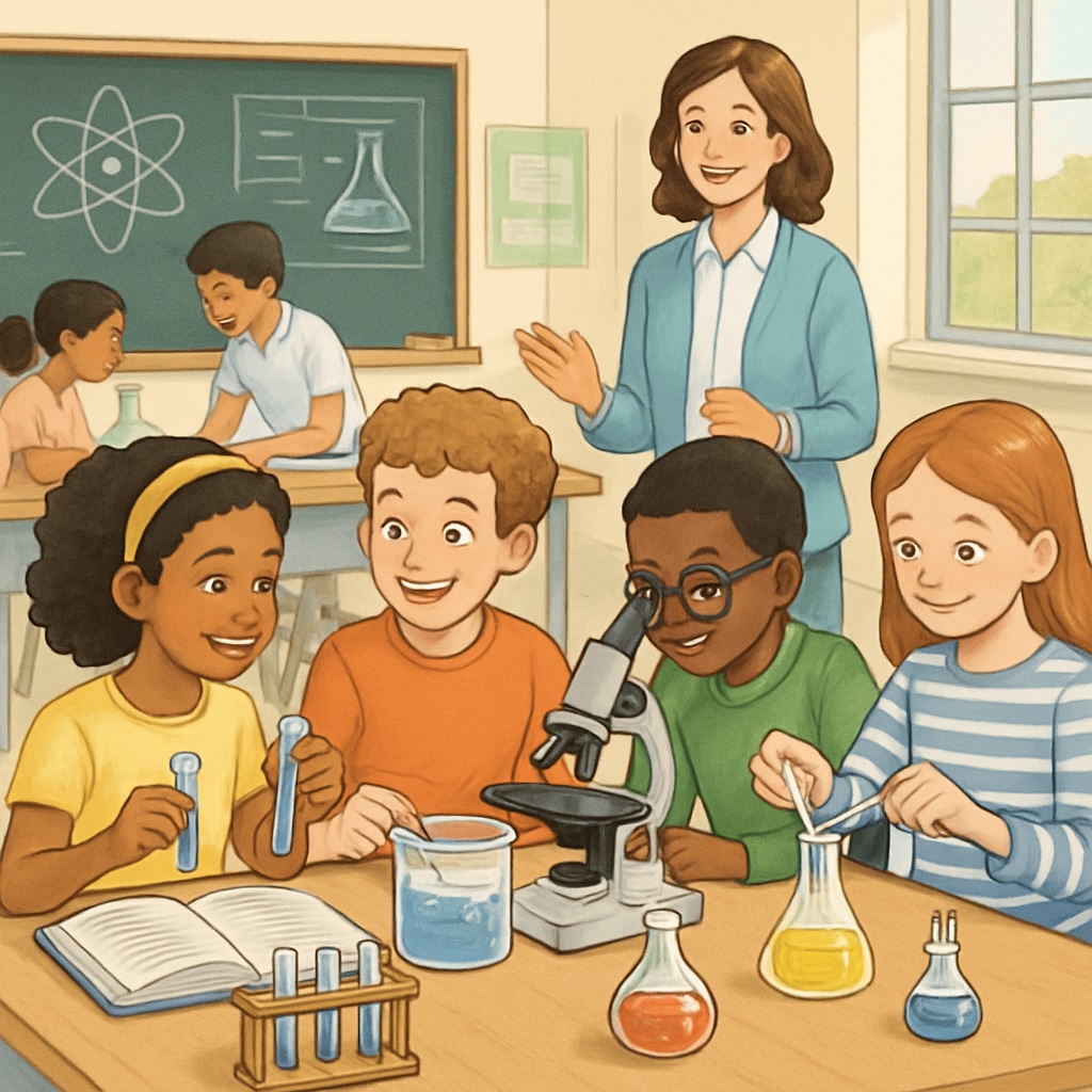 A classroom with diverse students working together on science experiments, illustrating collaborative learning. Diverse students collaborating on science experiments, supporting ELLs in science education.