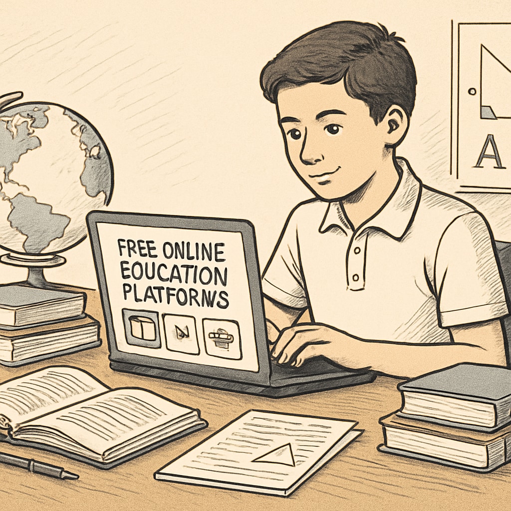A high school student studying on their laptop, exploring free online educational platforms. High school student using free online educational resources.