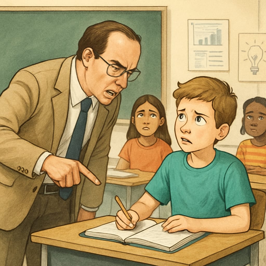 A teacher wrongly accusing a student of plagiarism in a classroom environment.