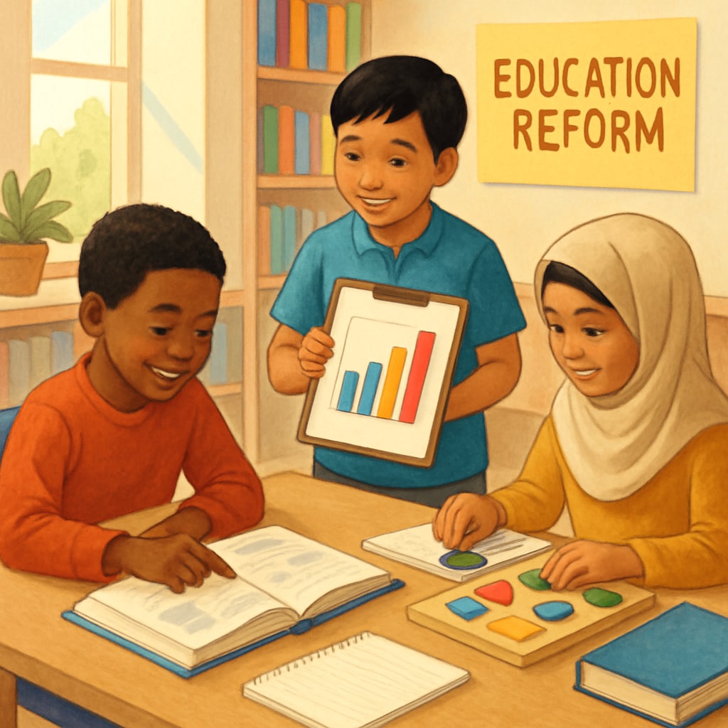 An inclusive classroom setting showcasing diverse students collaborating in group learning activities, representing the need for reform in education systems. Diverse students in an inclusive classroom setting.