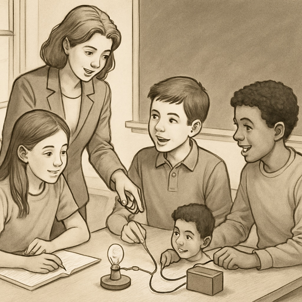 A teacher guiding students in a group science project, emphasizing peer collaboration. Teacher guiding science students in group collaboration, supporting ELLs in science education.