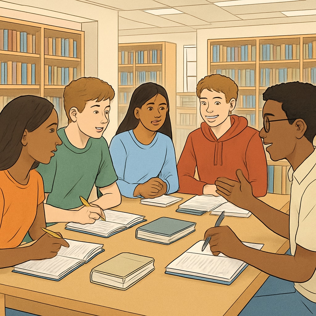 A group of high school students participating in a community workshop at a library. High school students learning in a community-based workshop.