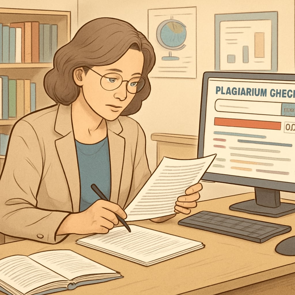 A teacher reviewing student work with plagiarism detection software.