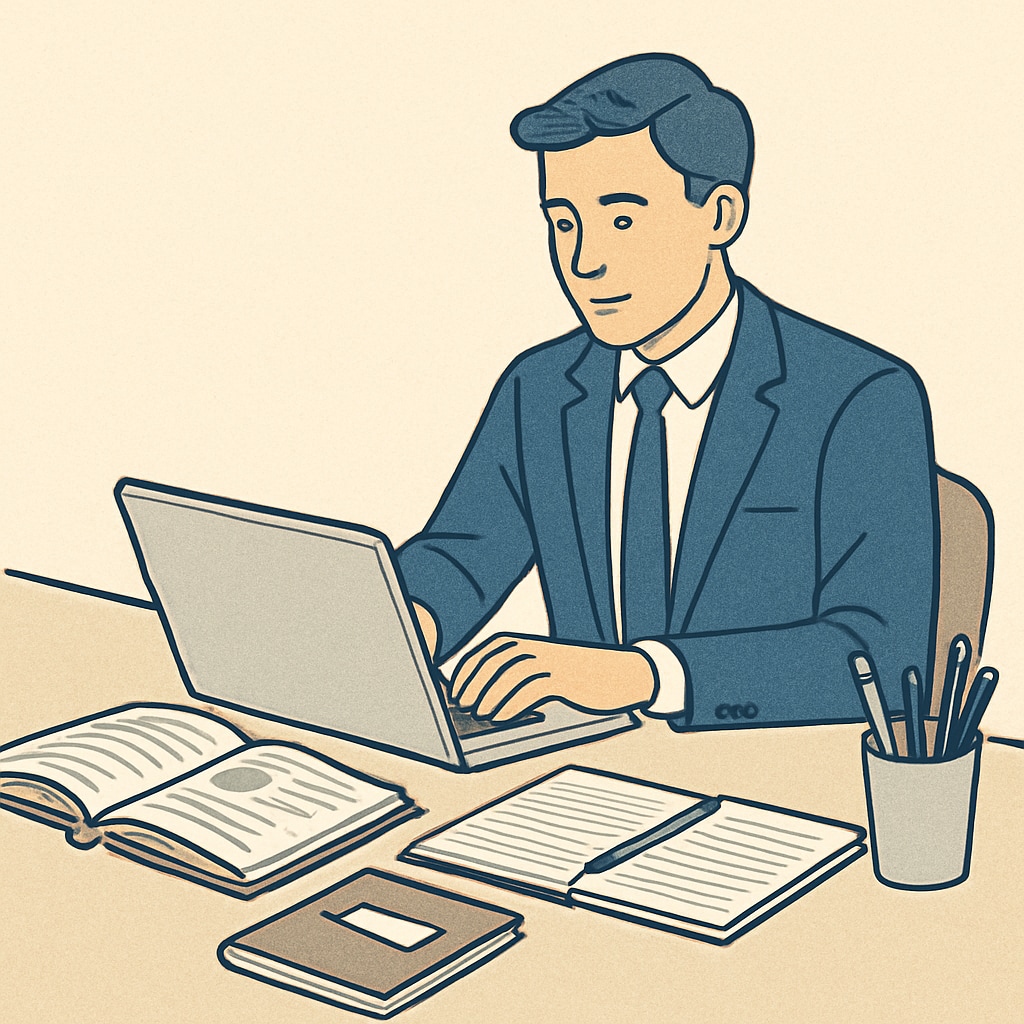 A professional balancing education and career with study materials and a laptop.