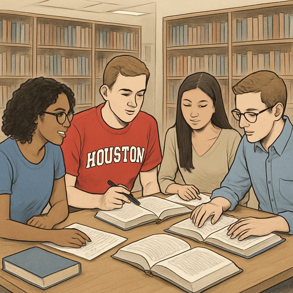 University of Houston students studying in a library learning group.