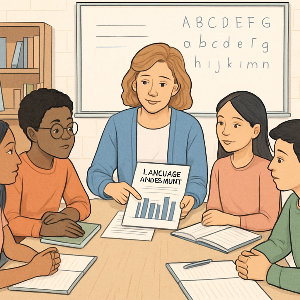 A teacher reviewing language assessment data with a diverse group of students. Language assessment data being reviewed by a teacher to support English learners in science classrooms.