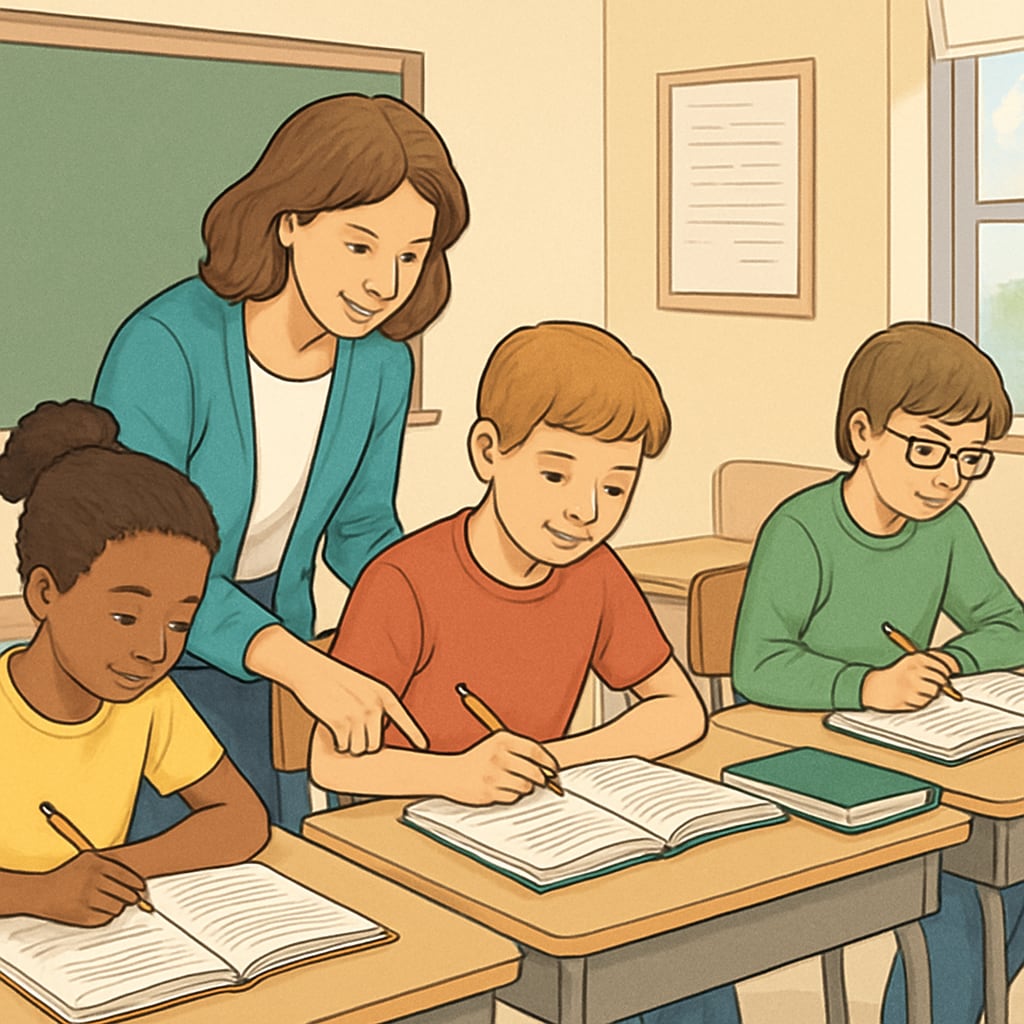 A classroom setting with students receiving individualized attention from a teacher, representing personalized education. Classroom with personalized education for students with learning challenges.