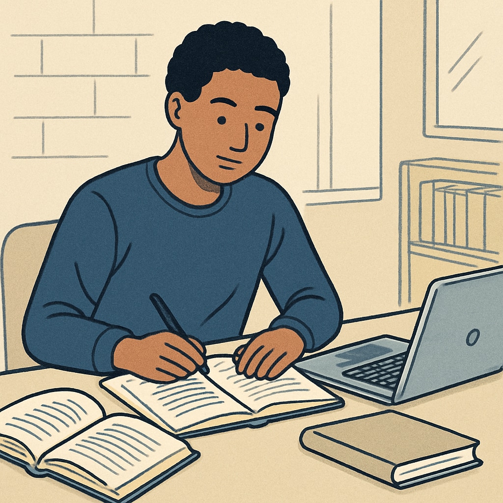 A photo of a young adult studying in a UK further education college, surrounded by books and a laptop. A young adult in a UK college rebuilding education confidence.