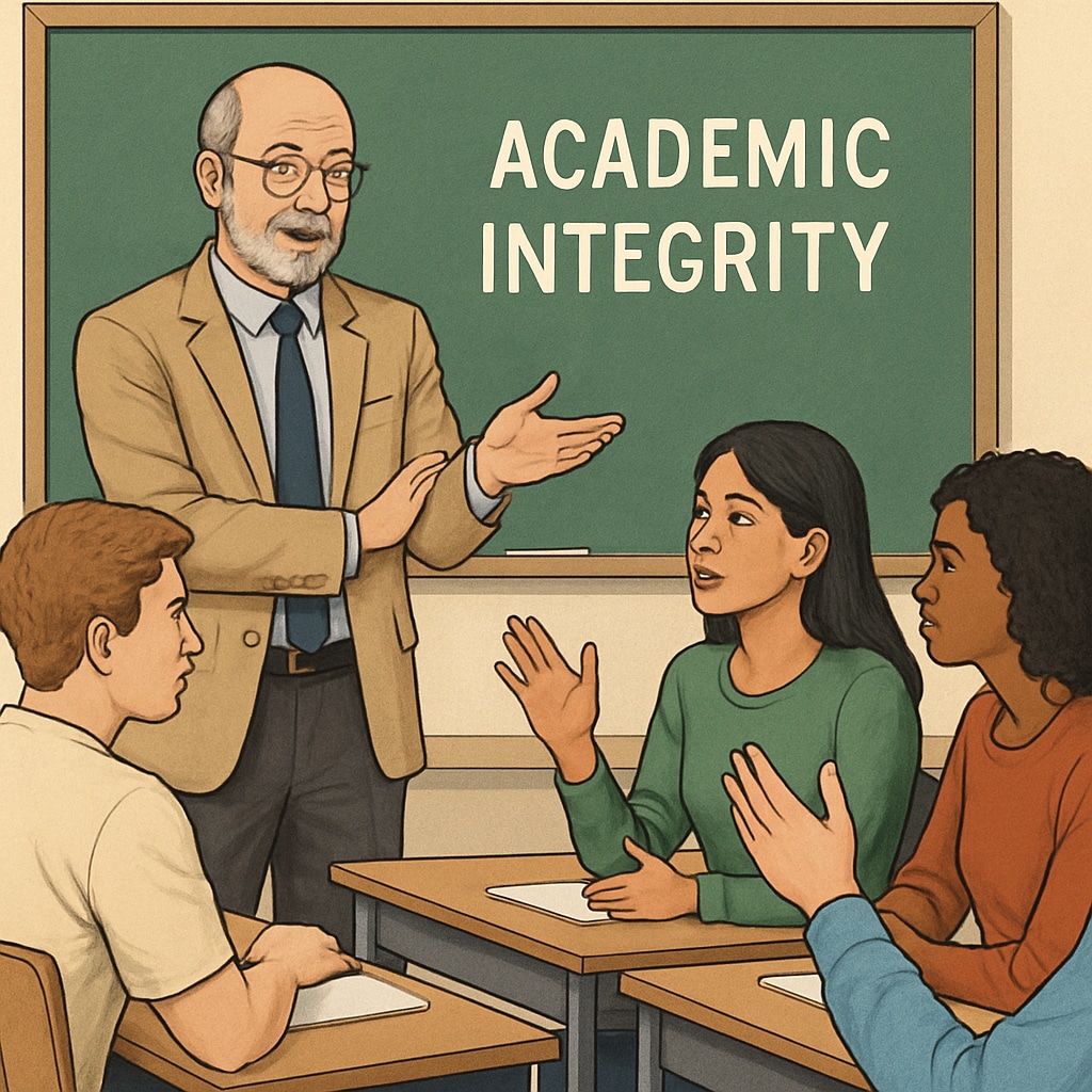 A classroom setting with a professor and students engaged in a discussion about academic integrity. Professor and students discussing academic integrity in a classroom.
