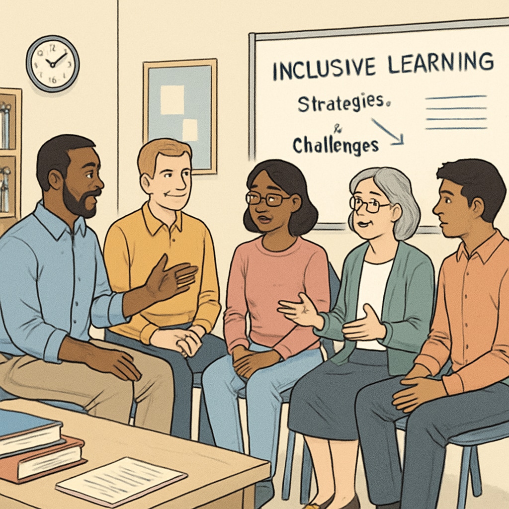 An educational workshop with diverse students and educators discussing inclusive learning strategies for overcoming challenges. Workshop on inclusive learning strategies for overcoming educational barriers.