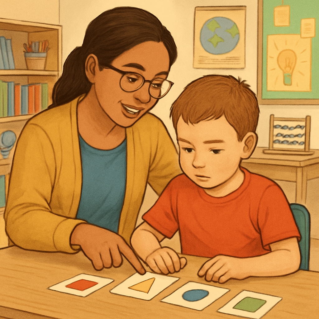 A teacher assistant supporting a child with autism in a classroom setting. The image shows a warm classroom environment with educational materials in the background. Teacher assistant supporting a child with autism in a classroom setting.