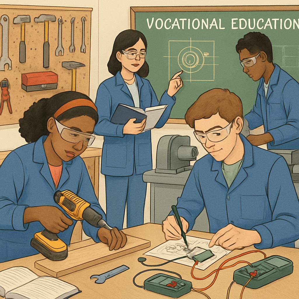 A group of diverse students participating in a workshop, symbolizing vocational education and skill-building. Students in a vocational education workshop, learning new skills.