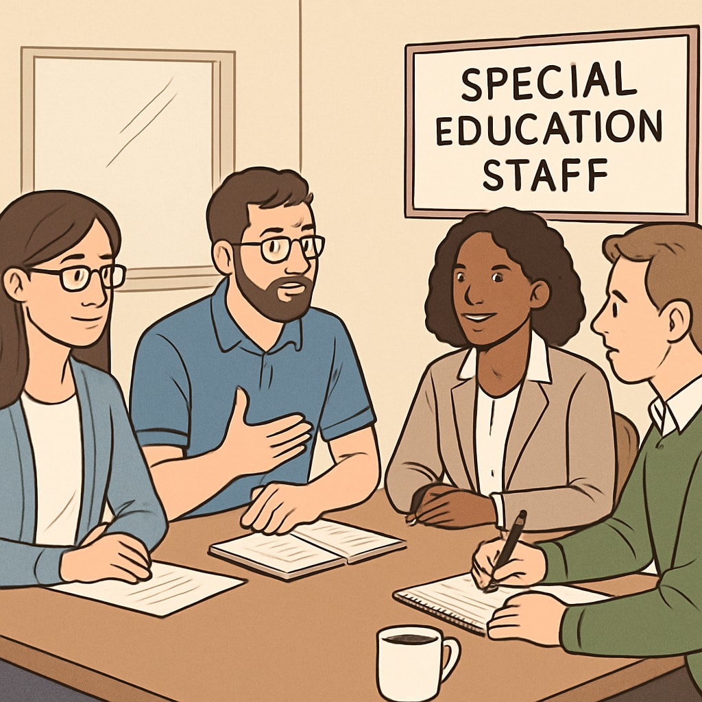 A group of special education staff discussing strategies during a team meeting. The image highlights collaboration and teamwork in a professional setting. Special education staff discussing strategies during a team meeting.