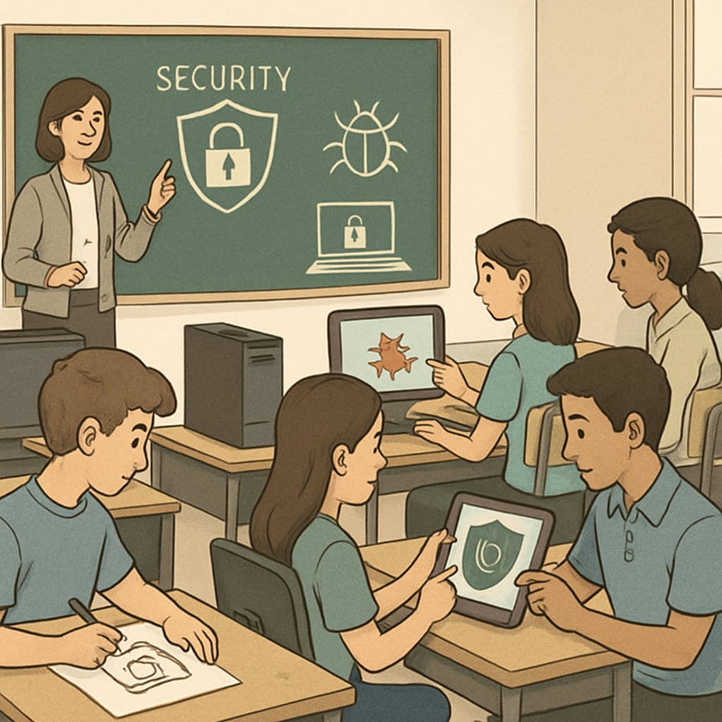 A classroom with students learning cybersecurity concepts through interactive activities, emphasizing hands-on education. Students learning cybersecurity in a classroom setting with interactive tools.