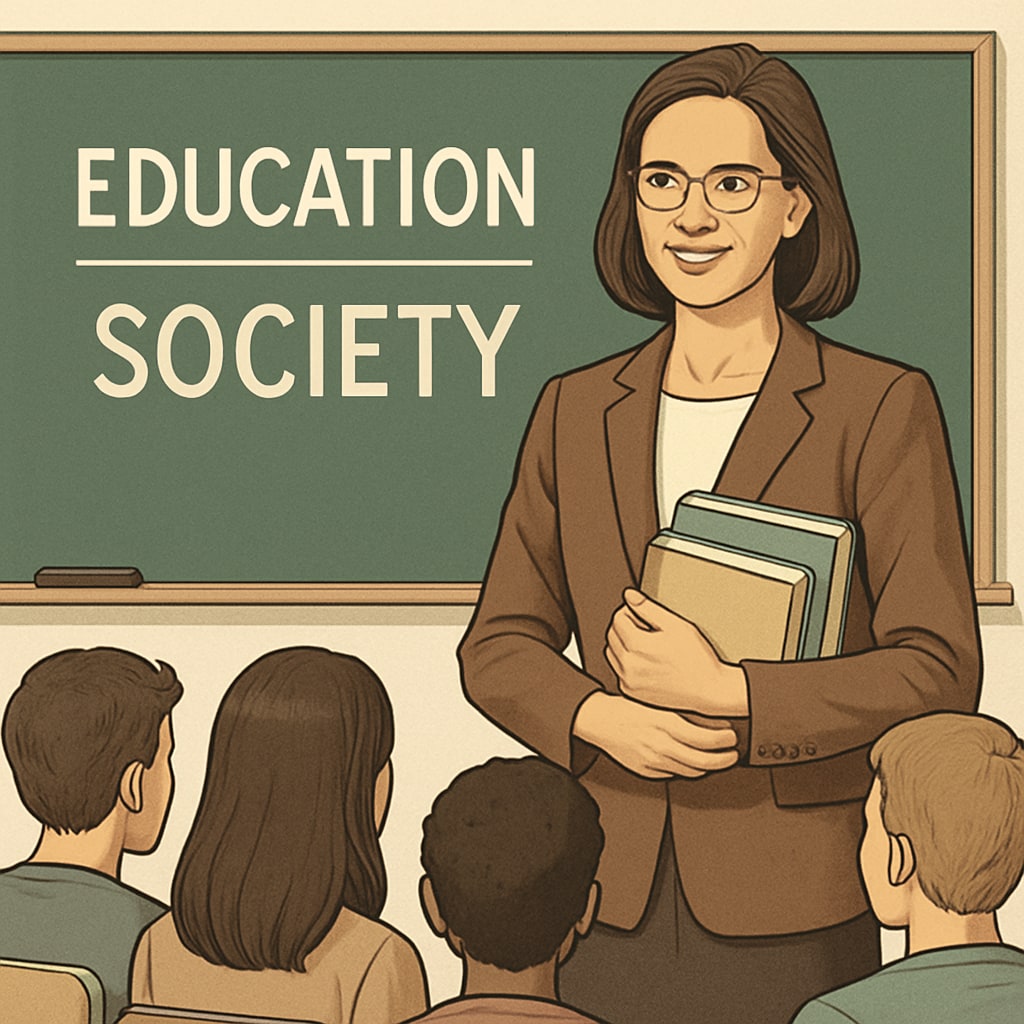A teacher holding books while standing in front of a classroom chalkboard, symbolizing the intersection of education and broader societal debates. Teacher in front of classroom chalkboard, representing education and societal issues.