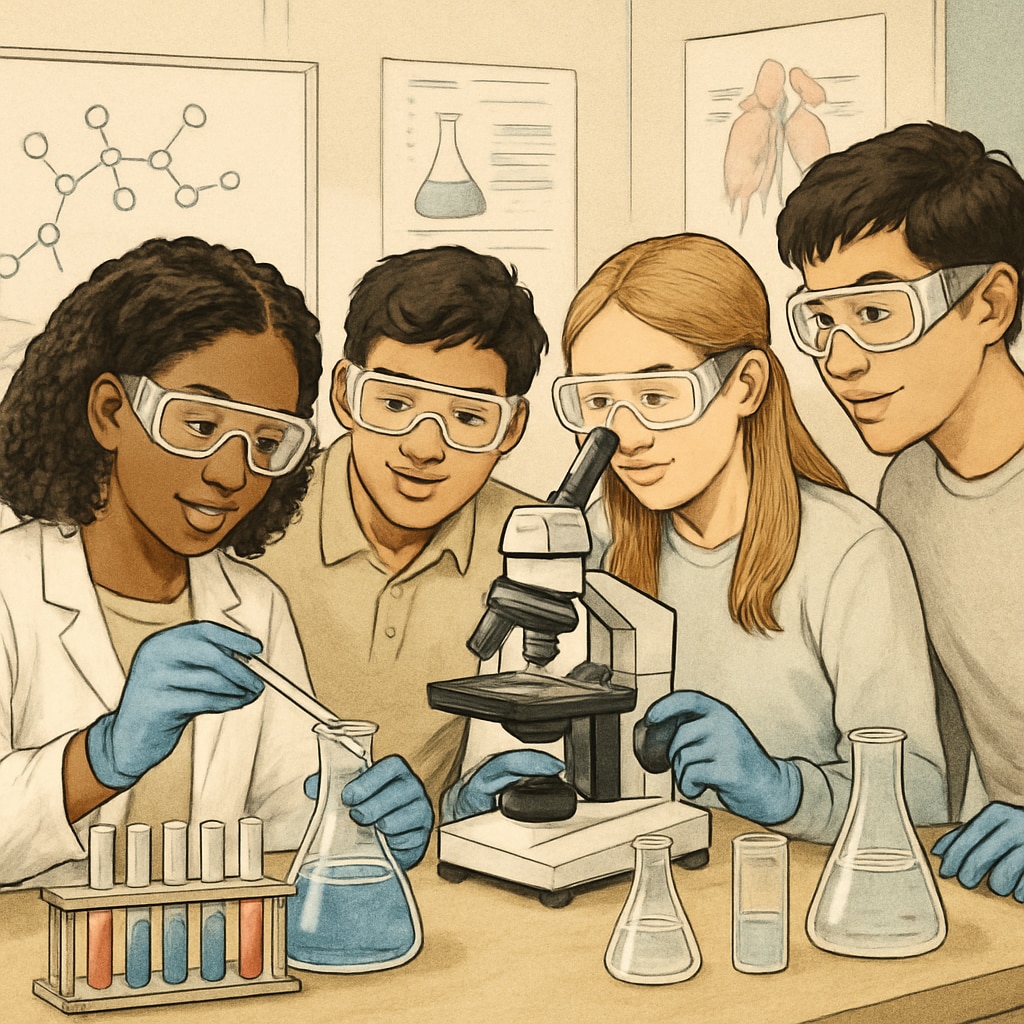 A group of diverse students in a science lab, working on an experiment together. The image includes visual aids and lab equipment to support learning. Students in a science classroom conducting an experiment with visual aids, supporting English learners.