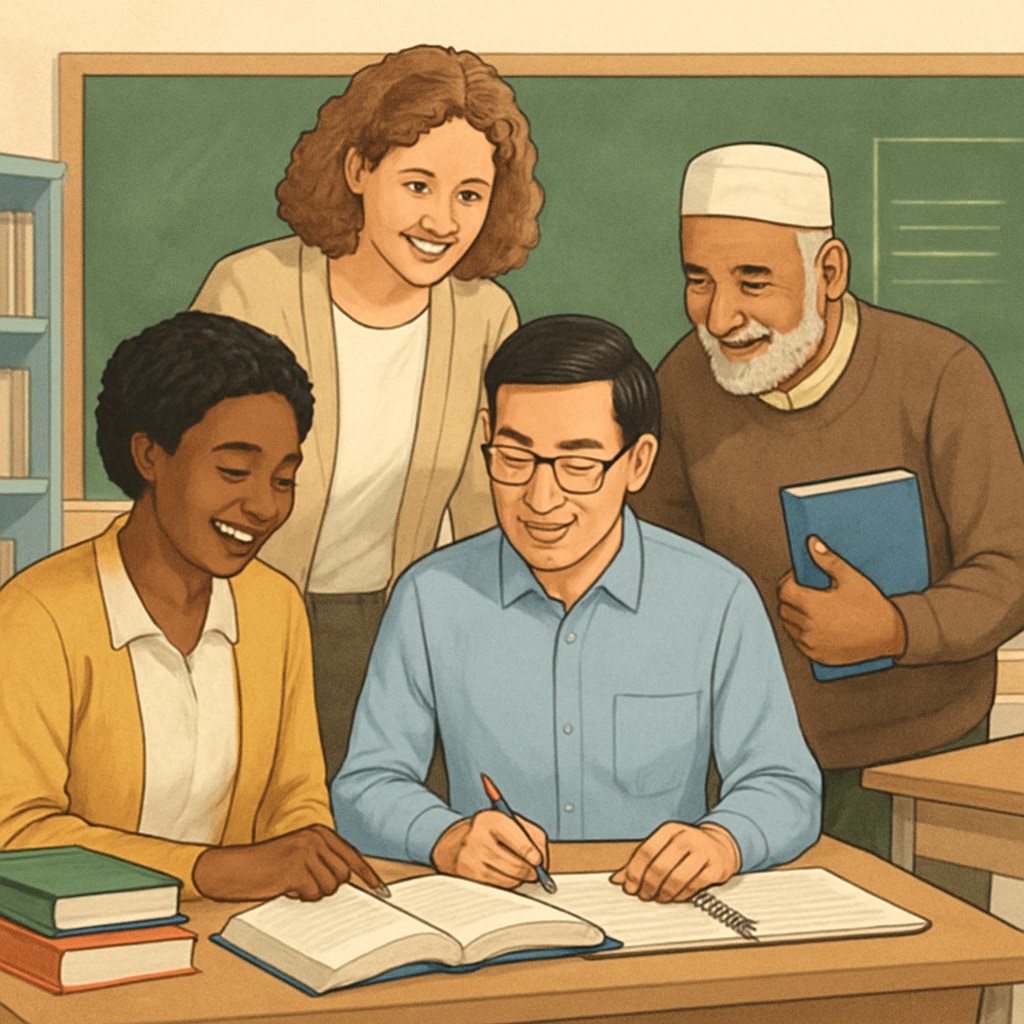 A group of diverse teachers collaborating in a school setting, symbolizing inclusivity in education. Diverse teachers collaborating in a school environment, promoting inclusivity.