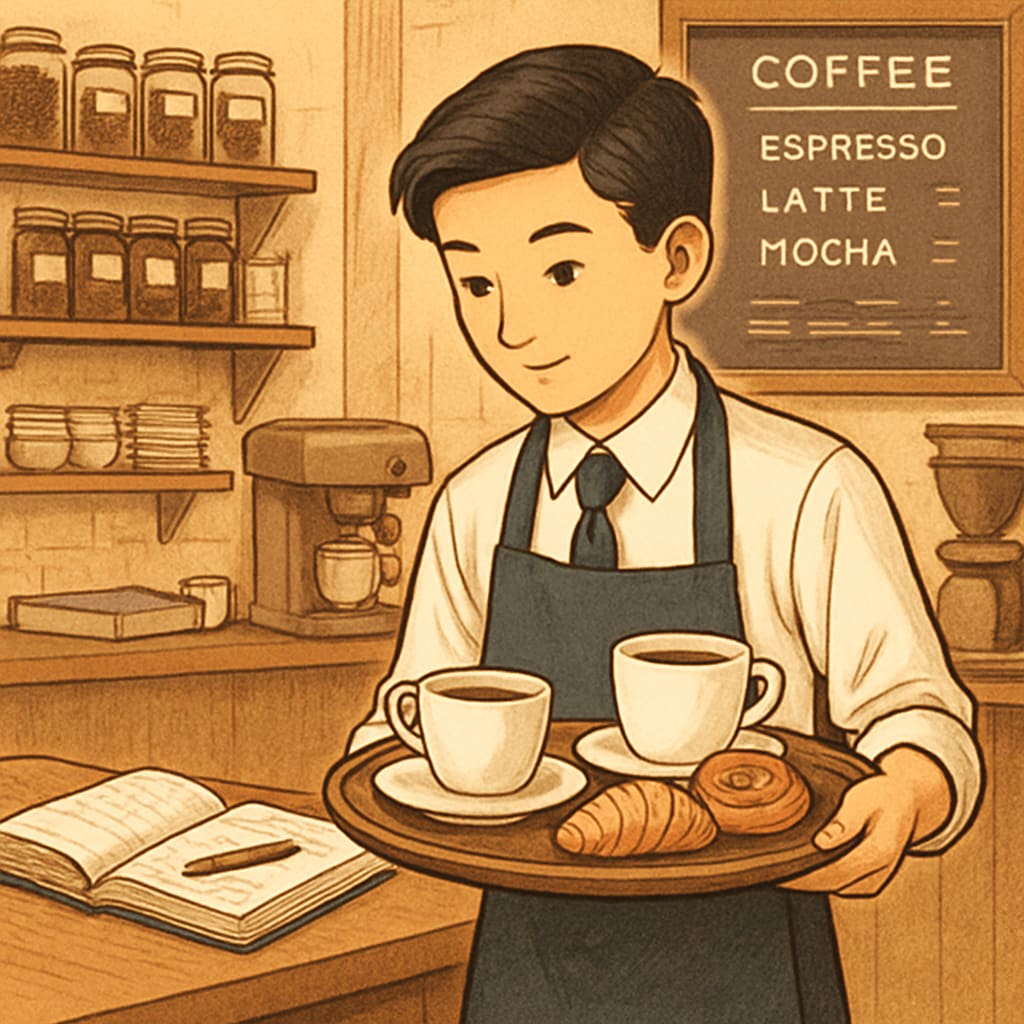 A high school student working part-time at a local coffee shop, balancing studies and work. High school student balancing work and studies at a coffee shop.