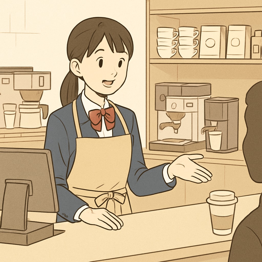 A high school student working part-time at a coffee shop, interacting with customers. High school student working part-time job at a coffee shop.