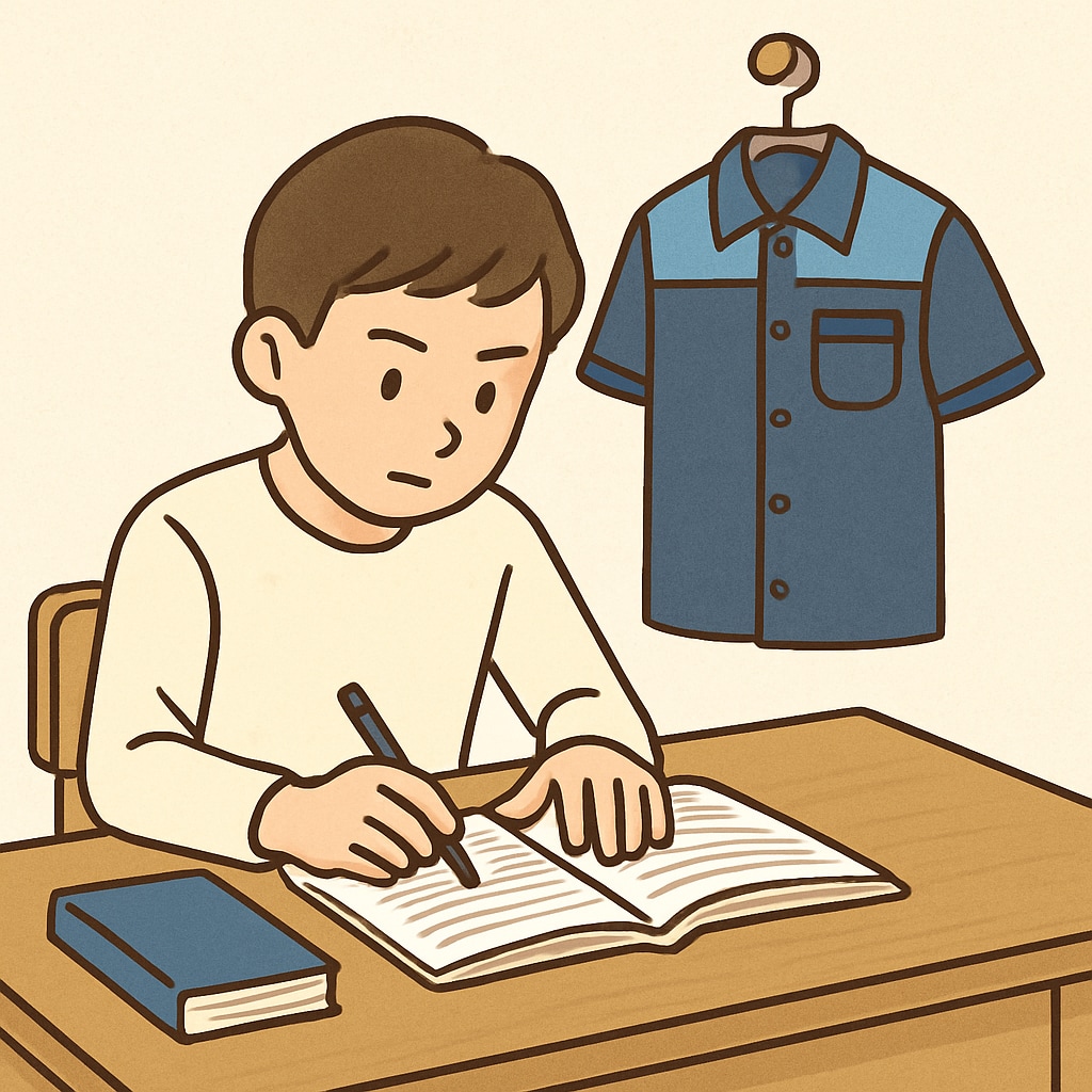 A student studying at a desk with a part-time job uniform hanging nearby. Student balancing academics and work with a job uniform nearby.