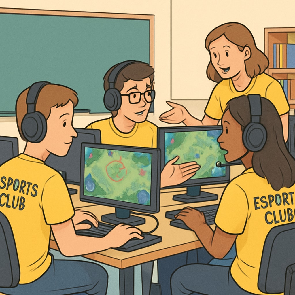 A group of students participating in an esports club, learning teamwork and strategy skills through a competitive gaming session. Students engaged in esports education during a collaborative gaming session.