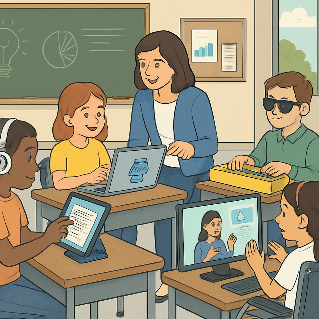 Students using educational tools to overcome learning difficulties in the education system.
