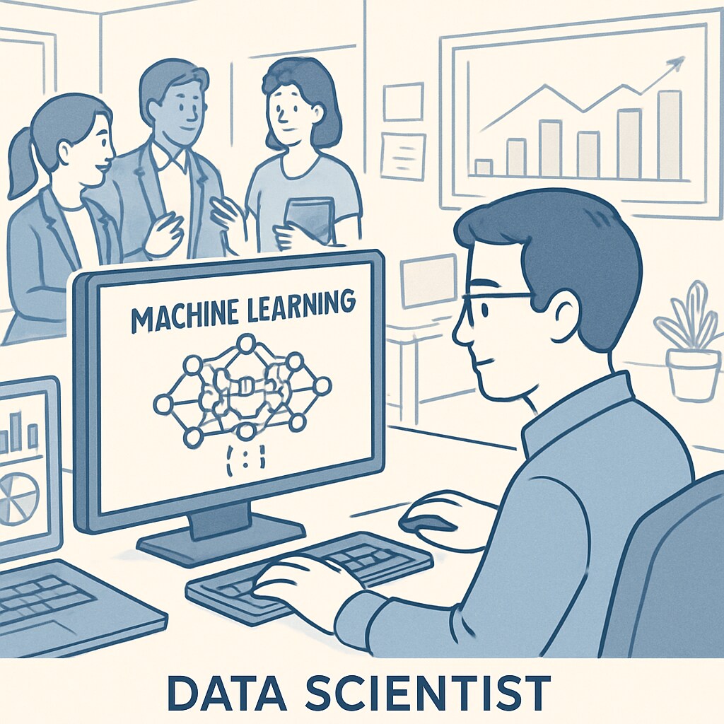 Data scientist developing machine learning models in a modern workspace.