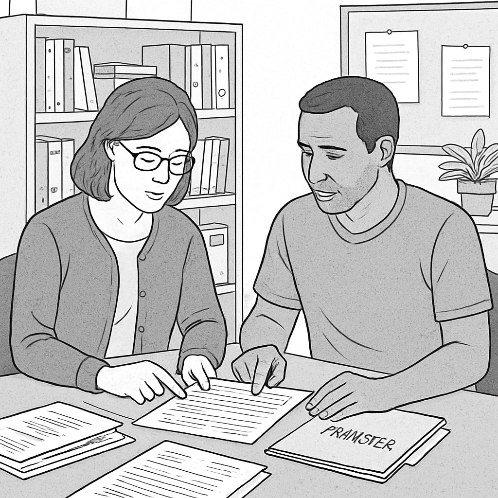 A teacher reviewing transfer paperwork with a parent, showcasing the complexities of inter-district communication. Teacher and parent discussing student transfer paperwork.