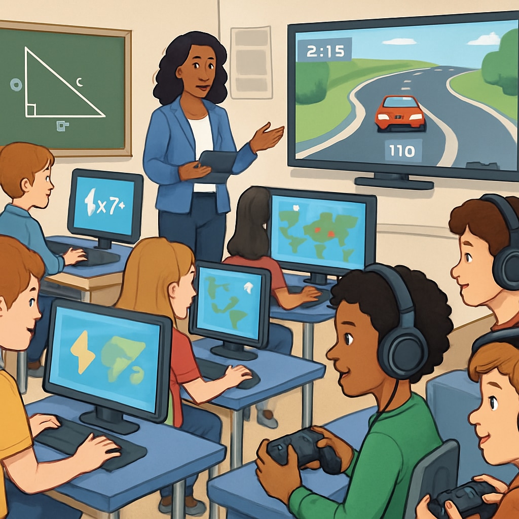 A dynamic classroom setting where students are engaging in esports and learning core subjects through interactive gaming tools. Students learning through esports and interactive games in a classroom.